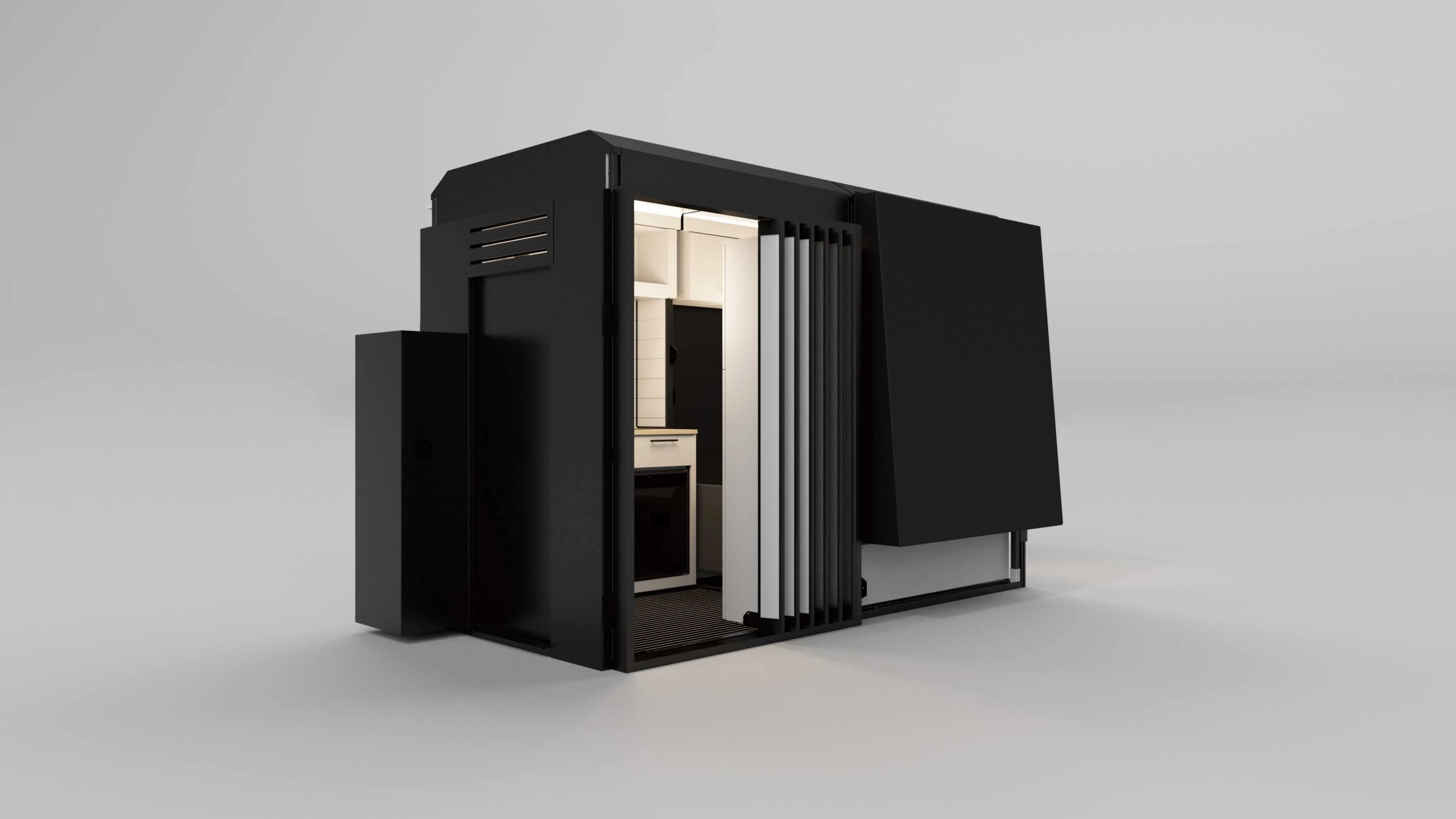 Free-standing TRAVA camper module, three-quarter view