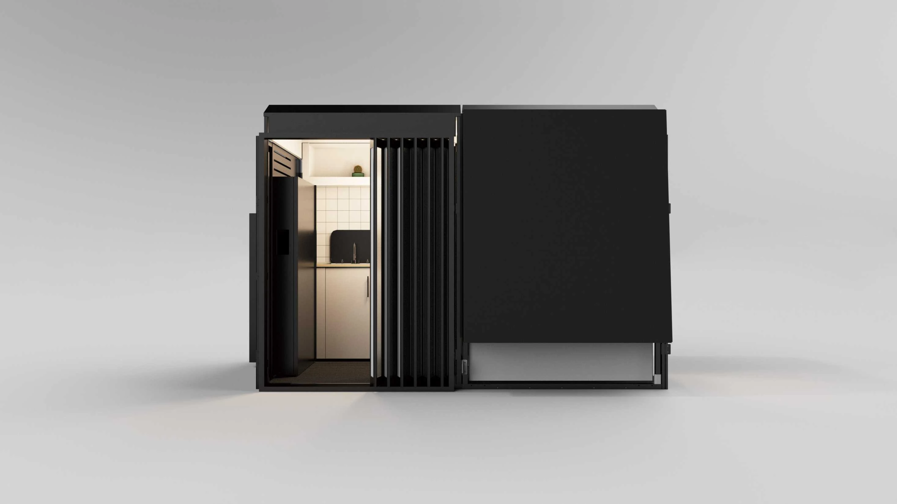 Free-standing TRAVA camper module, side view