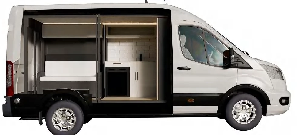 Van with the TRAVA camper module installed, side view