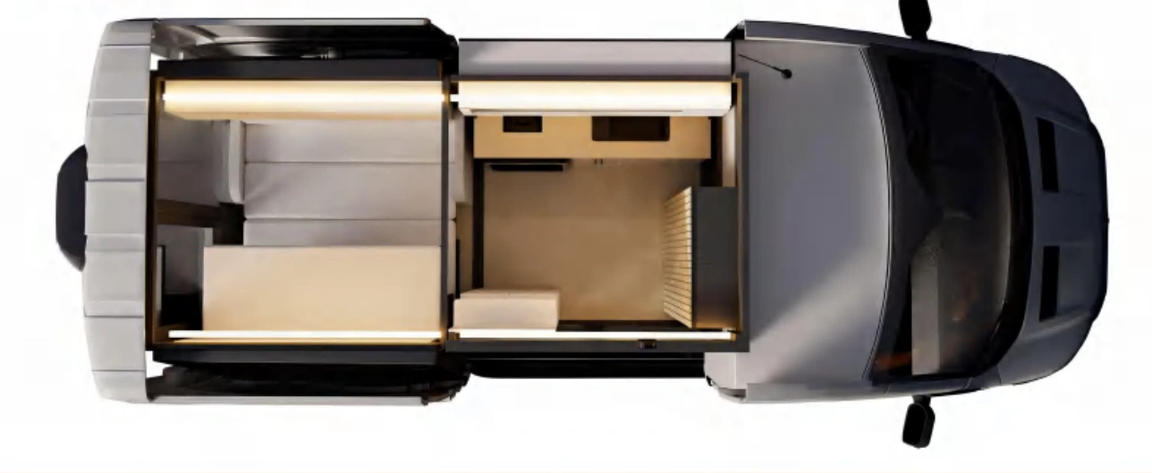 Van with camper module and extended bed, view from above